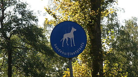 Rond blauw bord dat aangeeft dat dit een uitlaatplaats voor honden is in een boomrijke omgeving.