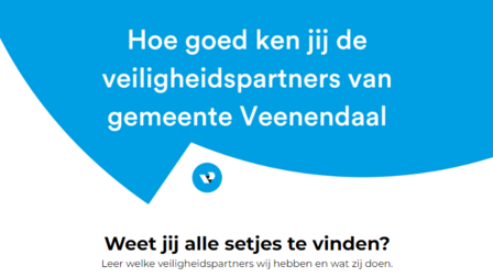 Afbeelding die het memory speelt introduceerd met de tekst: Hoe goed ken jij de veiligheidspartners van gemeente Veenendaal. Weet jij alle setjes te vinden? Leer welke veiligheidspartners wij hebben en wat zij doen.